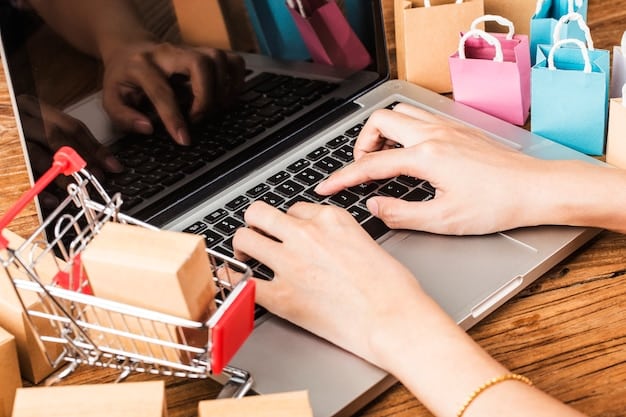 A person is actively typing on a laptop with various online shopping websites open in the background. Coupon codes and discount offers are visually overlaid on the screen, highlighting the theme of online saving.