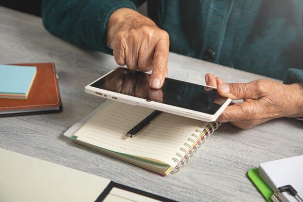 A close-up of a federal employee's hands using a retirement planning app on a tablet. The app displays charts showing growth projections and investment options. The background is blurred, focusing on the tablet screen and the employee's hands.