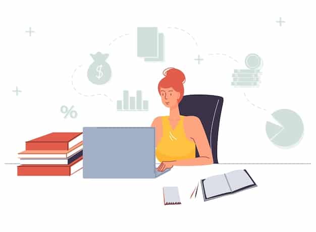 A young woman sitting at a desk, surrounded by textbooks and a laptop, studying diligently. A graph in the background illustrates the growth of a 529 plan investment over time.