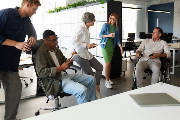 A diverse group of employees in a modern office setting, gathered around a table, discussing retirement plans and financial strategies with a financial advisor, emphasizing the importance of early and consistent saving.