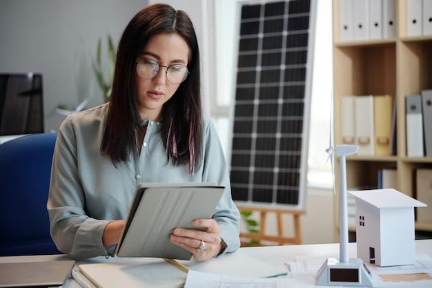 A homeowner reviewing documents related to their newly installed solar panel system, with a calculator and IRS form 5695 visible on the table. The scene conveys a sense of financial planning and understanding tax benefits.