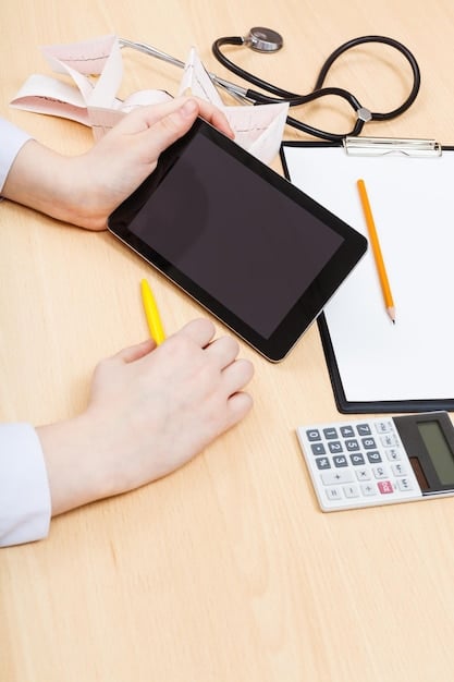 A close-up of a calculator with a health insurance Marketplace enrollment form in the background. The calculator displays a screen showing potential savings, emphasizing the financial aspect of the Premium Tax Credit. The overall image conveys a sense of calculation and financial planning related to healthcare.