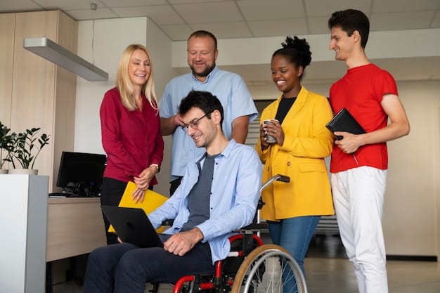A group of diverse people with visible and non-visible disabilities are participating in a financial literacy workshop. The facilitator is helping them understand how to manage their ABLE accounts via a digital dashboard projected on the screen.