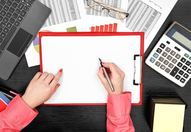 An office desk with a calculator, financial planning documents, and a person's hand pointing to a line item in the document. The scene demonstrates reviewing the costs and possible investments in an individual's ABLE account.