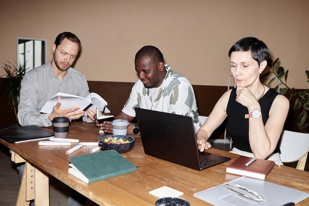A diverse group of office workers gathered around a table, reviewing documents and discussing changes to overtime policies, with a background featuring a modern office setting and legal books.