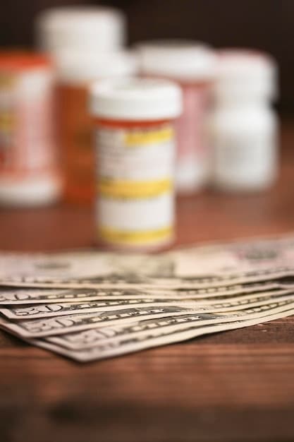 A person holding a prescription medication packet, with a calculator and dollar bills subtly blurred in the background, symbolizing cost savings on medication.