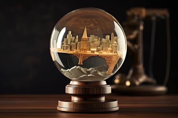 A crystal ball reflecting various tax-related symbols (dollar signs, tax forms, scales of justice), representing the uncertainty and potential future changes in estate tax laws.