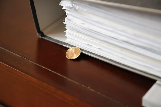 A close-up of a stack of neatly organized US tax documents with a small Bitcoin symbol resting on top. The scene is set on a clean, modern desk with a pen and calculator nearby, suggesting careful financial planning and tax preparation.
