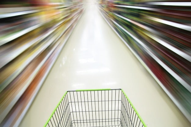 A split image showing two shopping carts side by side: One overflowing with processed and unnecessary items, and the other containing only healthy, staple foods and fresh produce, illustrating the contrast between wasteful and mindful shopping habits.