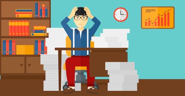 A person looking stressed and overwhelmed while sitting at a desk covered in papers, receipts, and a half-finished spreadsheet on a computer. The scene should convey the feeling of being bogged down by manual budgeting tasks.