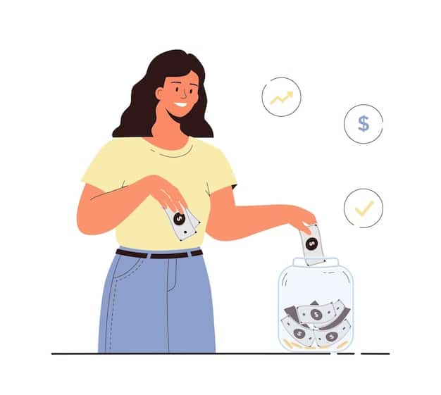 A person happily putting cash into a savings jar, with automation icons (like clockwork) overlaid on the image to emphasize the ease of automated savings.
