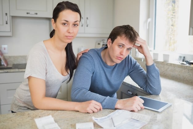 A split image showing two scenarios: on one side, a frustrated person paying bills with a worried expression; on the other side, a confident person smiling while reviewing their savings account.