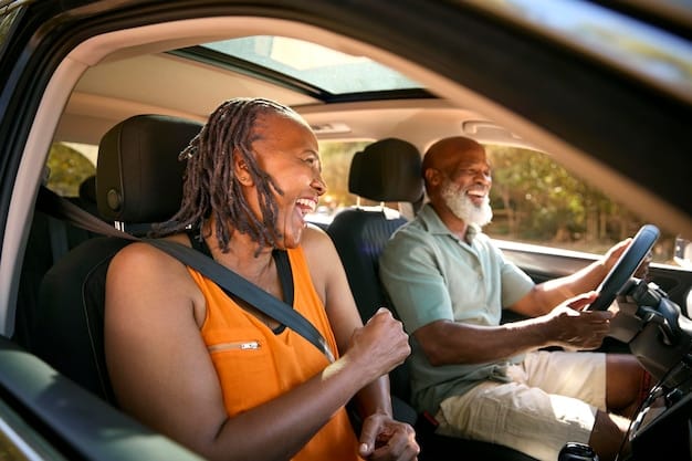A diverse group of people carpooling to work in a modern, fuel-efficient vehicle.