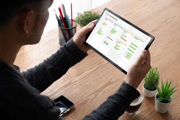 A person holding a tablet displaying a budget spreadsheet, with various expense categories highlighted. The setting is a cozy home office, conveying a sense of control and organization.