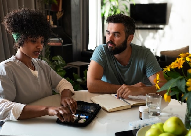 Two people sitting at a table, reviewing bills and discussing finances. The atmosphere is calm and collaborative, representing shared financial responsibility.