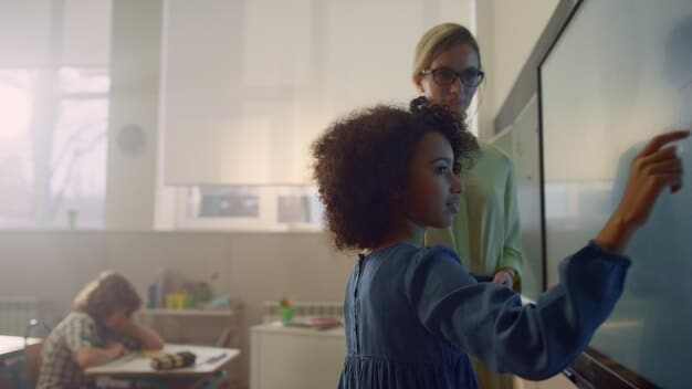 A teacher instructing a diverse group of students using a smartboard, pointing at interactive content. The classroom is modern and inclusive, with students paying rapt attention.