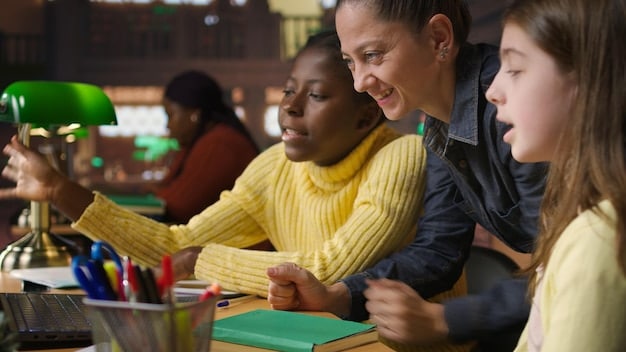 Diverse group of students actively participating in a classroom setting, with both traditional and modern learning tools visible.