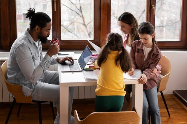 A diverse group of parents and teachers in a school meeting setting, discussing a presentation slide about student data privacy, fostering collaborative understanding.