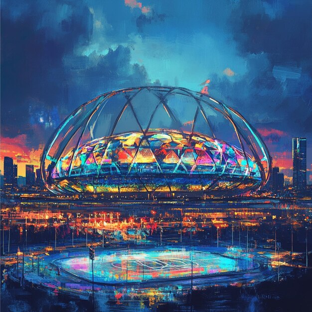 A conceptual digital rendering of a sleek, modern NFL stadium integrated into the vibrant skyline of London, showcasing the fusion of football with a global city.