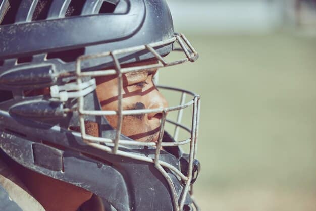A detailed shot of a catcher's mitt and mask on home plate, with the blurred background of a baseball stadium, emphasizing the unsung hero aspect of catching.