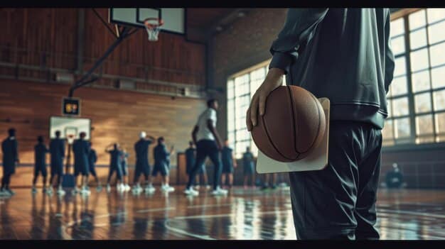 An action shot of a college basketball coach intensely giving instructions from the sidelines, surrounded by his focused team, capturing leadership and strategy dynamics.