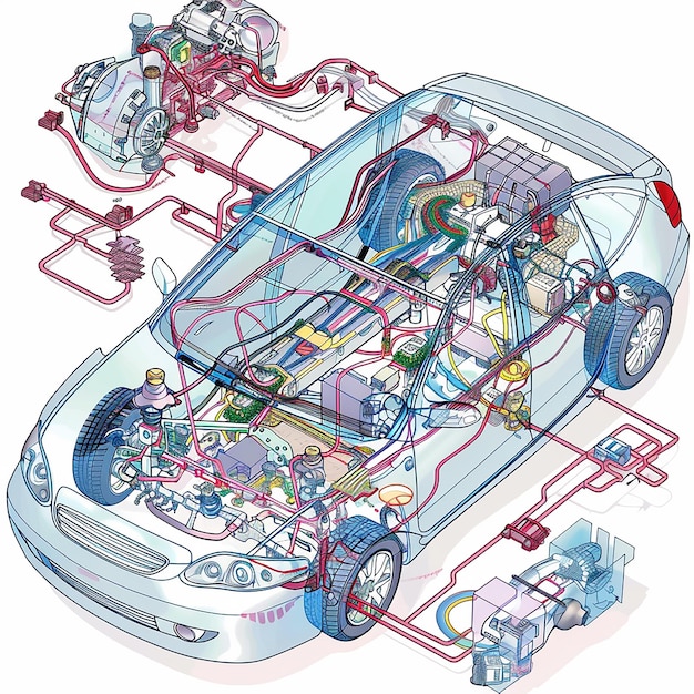 A schematic diagram illustrating a potential hybrid powertrain system integrated into a NASCAR chassis, highlighting key components like the battery pack and electric motor.