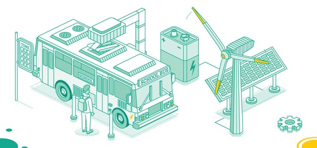 A detailed schematic illustrating the integration of various renewable energy sources (solar panels, wind turbines) feeding into a smart grid, with electric vehicles charging in the foreground.