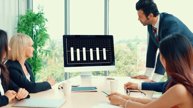 A corporate finance team analyzing a bar graph showing reduced office overheads and increased productivity, symbolizing cost efficiencies and operational flexibility in remote work.