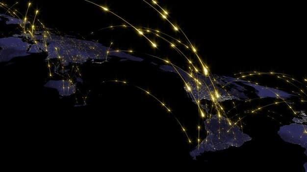 A detailed world map with glowing connections, highlighting global trade routes and economic hubs, symbolizing international economic interdependence and geopolitical influences.