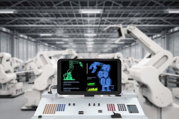Robotic arms on an assembly line in a clean, modern factory, collaborating to build complex components, with glowing digital interfaces nearby.
