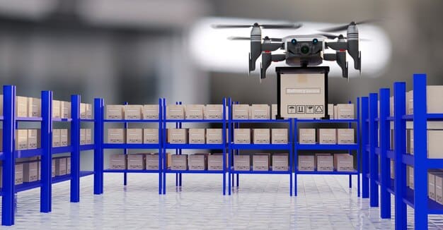 A drone hovering over a modern e-commerce warehouse, scanning QR codes on shelves, illustrating AI-driven inventory management and logistics.