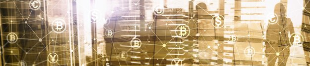 A digital currency symbol overlaying a blockchain network visualization, with traditional banking icons in the background, representing the intersection of fintech and traditional finance under new regulations.