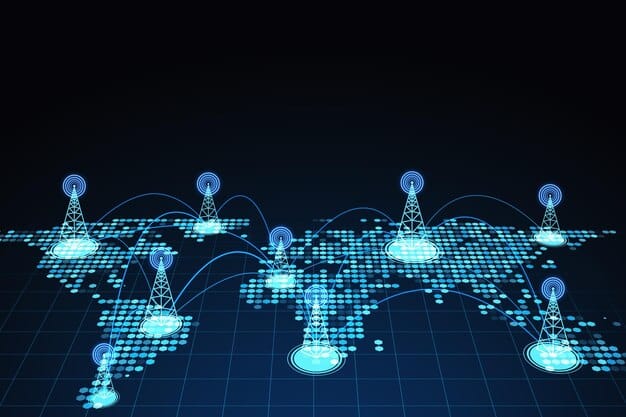 A detailed digital network map with nodes representing companies and lines showing connections, with some lines thickened to symbolize market power and regulatory oversight symbols hovering above.