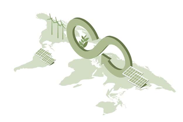 A detailed visual representation of a green supply chain, showing interconnected nodes from raw material sourcing, manufacturing, logistics, retail, to consumer use and end-of-life recycling. The elements are flowing smoothly and efficiently.