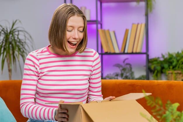 A customer happily unboxing a package received from an e-commerce store, with a delivery truck faintly visible in the background, symbolizing efficient logistics and customer satisfaction.
