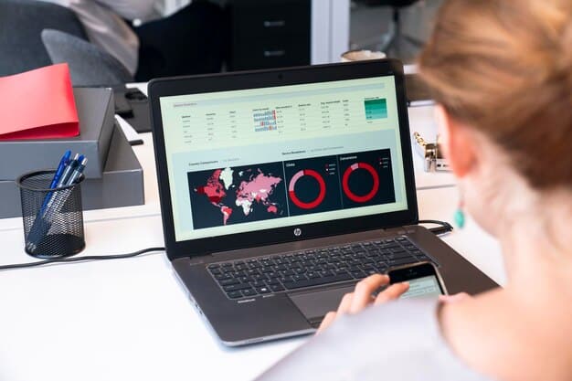 A detailed dashboard displaying various e-commerce metrics like conversion rates, customer lifetime value, and sales trends, with data visualizations and a person analyzing the screen, representing data-driven decisions.