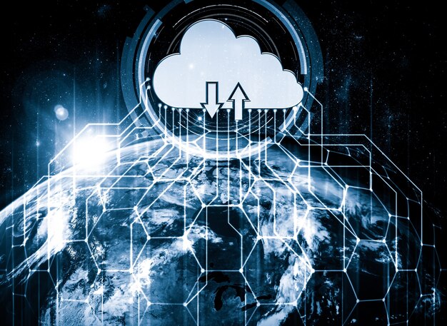 A stylized network diagram showing interconnected cloud servers, data streams, and security shields, symbolizing robust digital infrastructure and data security for a US business.