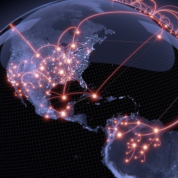 A detailed world map with a strong focus on North America, showing intricate digital connections representing e-commerce and resilient supply chain nodes. The background includes subtle graphic elements of financial charts indicating stable growth.