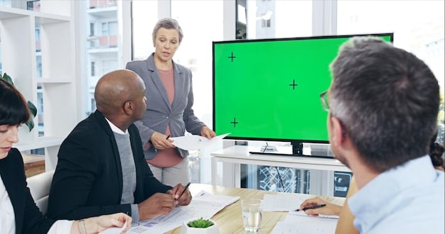 A group of diverse business professionals in a modern office collaborating around a digital display, analyzing global trade data and planning strategic responses. Their expressions convey focused determination and adaptability.