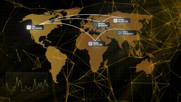 A detailed map illustrating global shipping lanes and major trade hubs, overlaid with financial data visualizations showing increased or decreased trade volumes, representing the impact of trade policies.