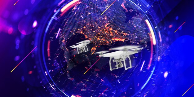 A futuristic graphic showing interconnected defense technologies, including drones, satellites, and secure networks, with a subtle overlay of the US flag, symbolizing national security innovation and investment.