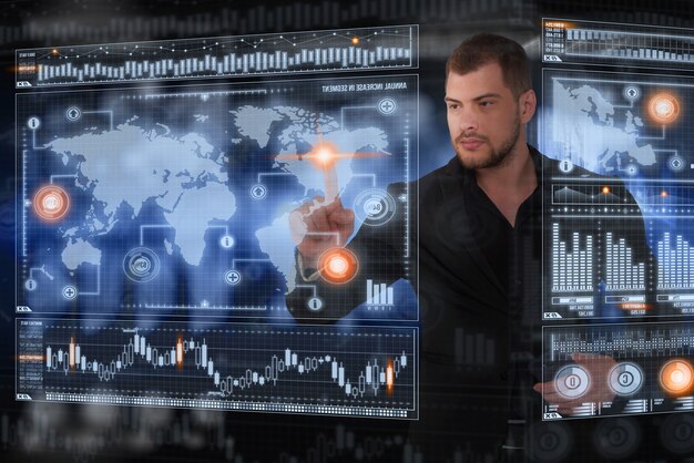 A financial analyst looking at multiple digital screens displaying stock market data, currency exchange rates, and international economic news, highlighting global financial interconnectedness.