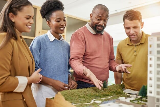 A diverse group of people from different countries working together on a development project, possibly agricultural or infrastructural, symbolizing collaborative global development.