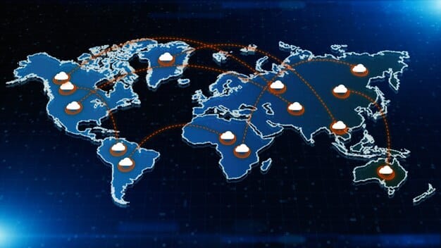 A detailed map illustrating global supply chains, with arrows showing diversified routes and new manufacturing hubs in Southeast Asia and North America.