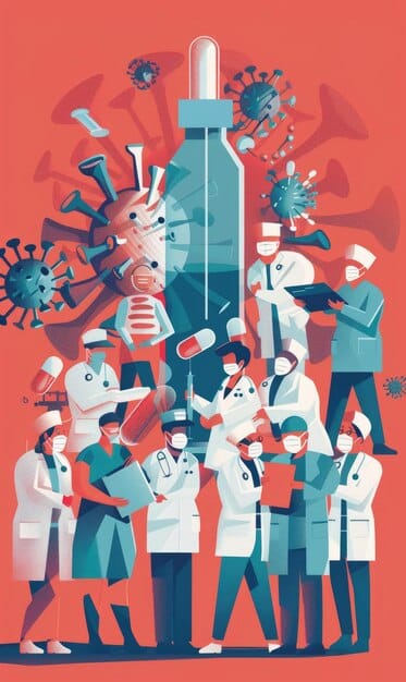 A visual representation of global pandemic preparedness, showing scientists working on vaccines, alongside health workers in personal protective equipment, with a map of the world in the background indicating disease spread.