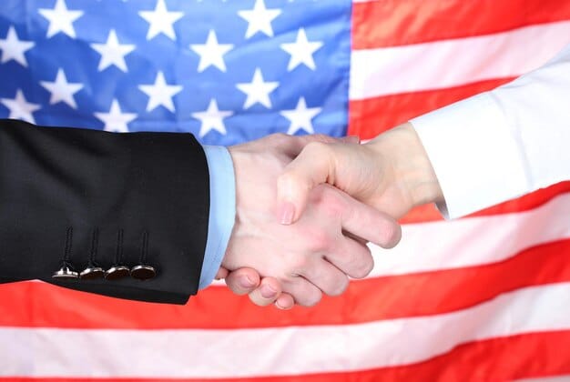 A close-up shot of a handshake between two diplomats, one representing the US and the other a Middle Eastern nation, against a blurred background of a bustling conference room. The atmosphere suggests cooperation and progress.