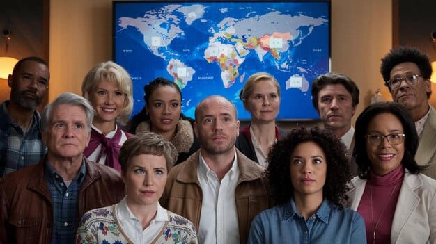 A collaborative scene depicting diplomats from various nations, including the US and European countries, gathered around a large circular table. They are engaged in animated discussion, with maps and policy documents spread out. The focus is on teamwork and diversified perspectives.
