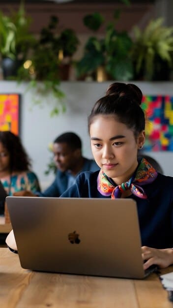 A student confidently doing coding on a laptop, surrounded by diverse study materials, highlighting the modern, flexible approach to online and vocational learning.