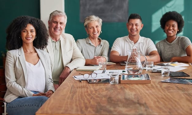 A diverse group of parents, teachers, and school board members are gathered around a table in a dimly lit room, engaged in an earnest discussion over open textbooks and documents, symbolizing community engagement in education.