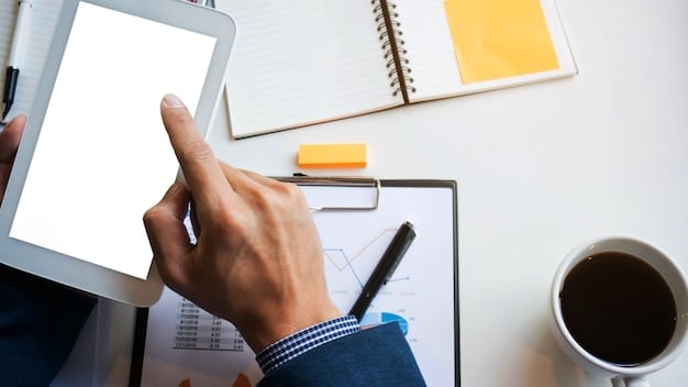 A person's hand pointing at eligibility criteria on a digital tablet with a checklist, surrounded by icons representing different types of student loans and financial indicators, under a magnifying glass.